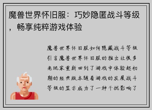 魔兽世界怀旧服：巧妙隐匿战斗等级，畅享纯粹游戏体验